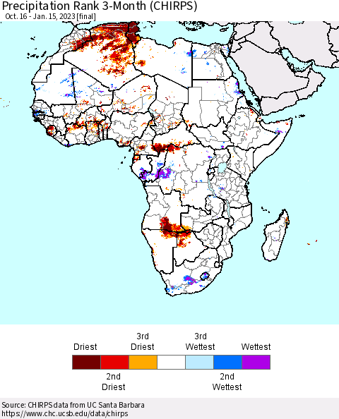 Africa Precipitation Rank 3-Month (CHIRPS) Thematic Map For 10/16/2022 - 1/15/2023