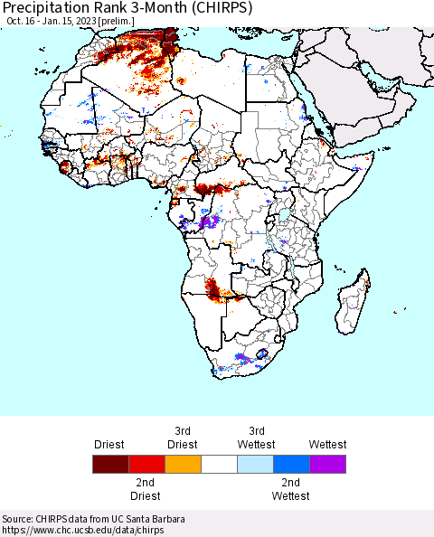 Africa Precipitation Rank 3-Month (CHIRPS) Thematic Map For 10/16/2022 - 1/15/2023