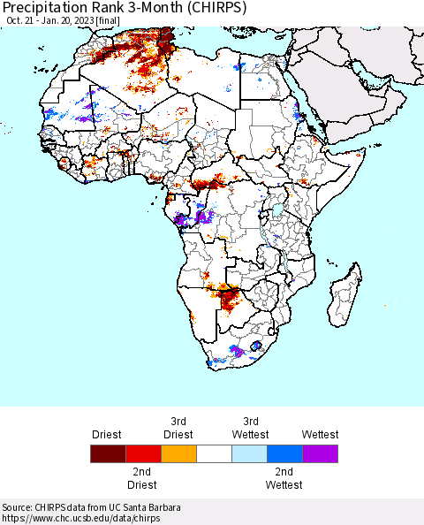 Africa Precipitation Rank since 1981, 3-Month (CHIRPS) Thematic Map For 10/21/2022 - 1/20/2023