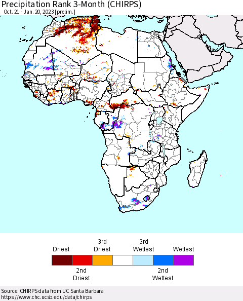 Africa Precipitation Rank 3-Month (CHIRPS) Thematic Map For 10/21/2022 - 1/20/2023