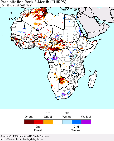 Africa Precipitation Rank 3-Month (CHIRPS) Thematic Map For 10/26/2022 - 1/25/2023