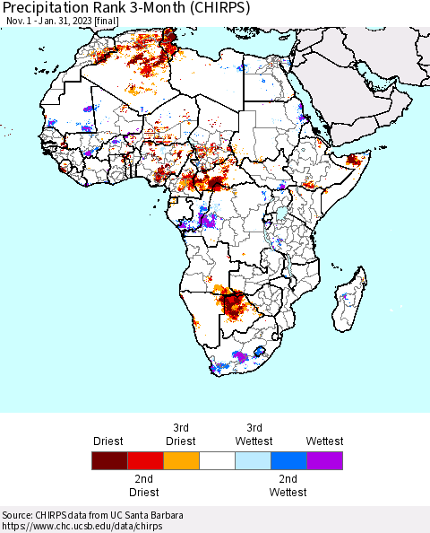 Africa Precipitation Rank since 1981, 3-Month (CHIRPS) Thematic Map For 11/1/2022 - 1/31/2023