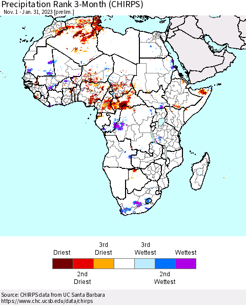 Africa Precipitation Rank 3-Month (CHIRPS) Thematic Map For 11/1/2022 - 1/31/2023