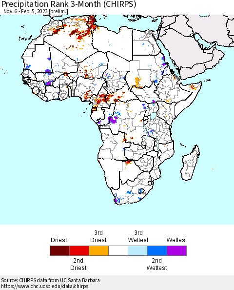 Africa Precipitation Rank 3-Month (CHIRPS) Thematic Map For 11/6/2022 - 2/5/2023