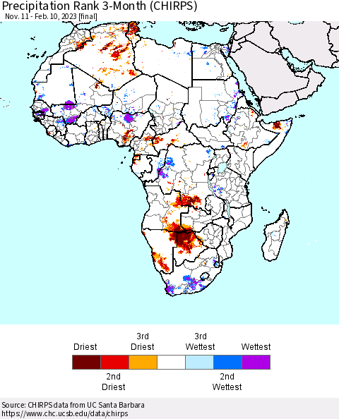 Africa Precipitation Rank 3-Month (CHIRPS) Thematic Map For 11/11/2022 - 2/10/2023