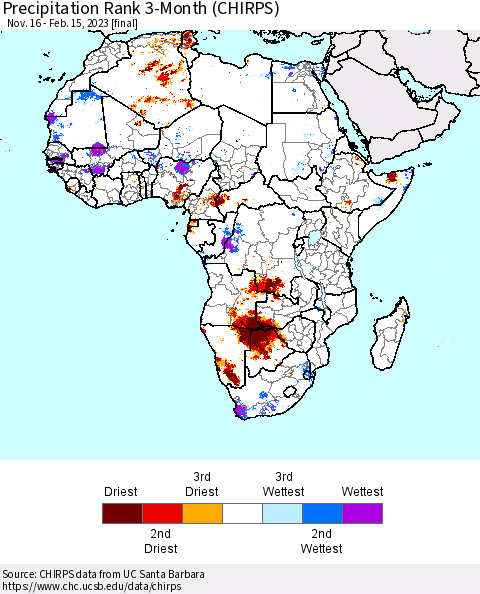 Africa Precipitation Rank 3-Month (CHIRPS) Thematic Map For 11/16/2022 - 2/15/2023