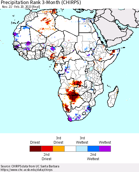 Africa Precipitation Rank 3-Month (CHIRPS) Thematic Map For 11/21/2022 - 2/20/2023