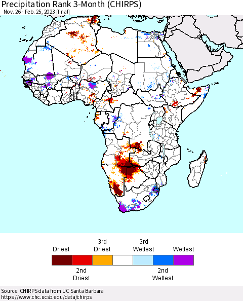 Africa Precipitation Rank 3-Month (CHIRPS) Thematic Map For 11/26/2022 - 2/25/2023