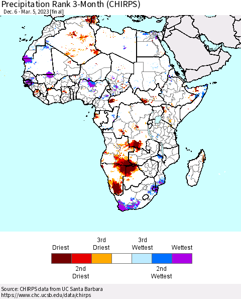 Africa Precipitation Rank since 1981, 3-Month (CHIRPS) Thematic Map For 12/6/2022 - 3/5/2023