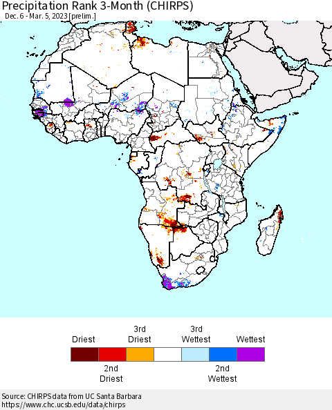 Africa Precipitation Rank 3-Month (CHIRPS) Thematic Map For 12/6/2022 - 3/5/2023