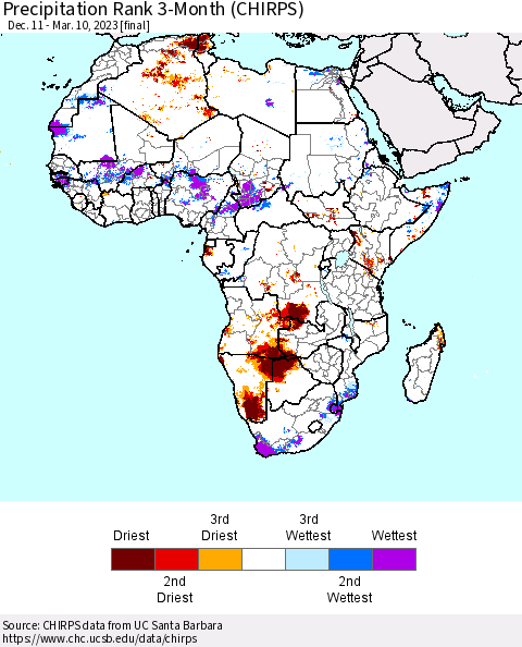 Africa Precipitation Rank since 1981, 3-Month (CHIRPS) Thematic Map For 12/11/2022 - 3/10/2023