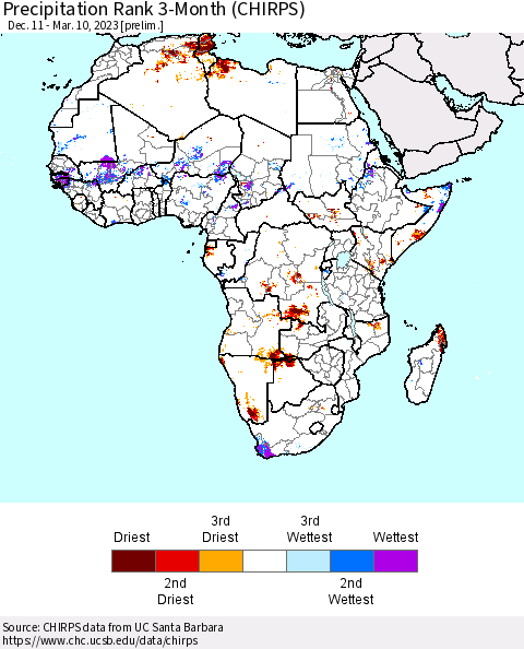 Africa Precipitation Rank 3-Month (CHIRPS) Thematic Map For 12/11/2022 - 3/10/2023