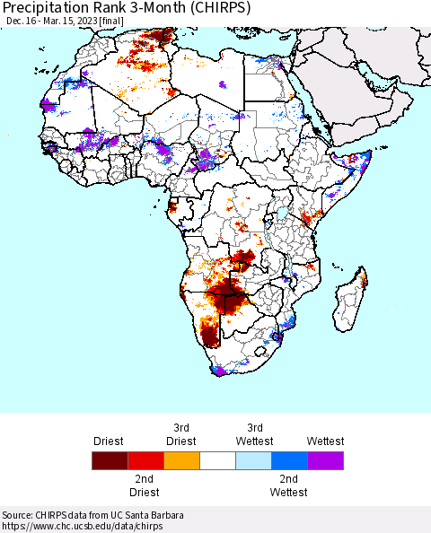 Africa Precipitation Rank since 1981, 3-Month (CHIRPS) Thematic Map For 12/16/2022 - 3/15/2023