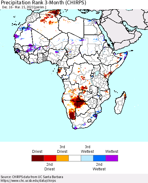 Africa Precipitation Rank 3-Month (CHIRPS) Thematic Map For 12/16/2022 - 3/15/2023