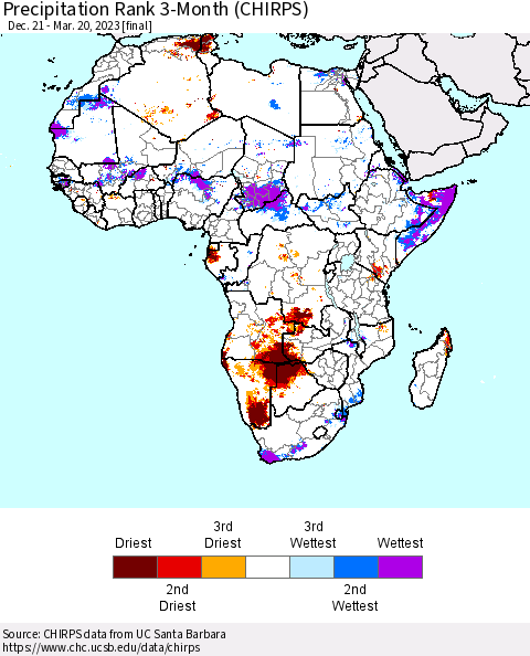 Africa Precipitation Rank since 1981, 3-Month (CHIRPS) Thematic Map For 12/21/2022 - 3/20/2023