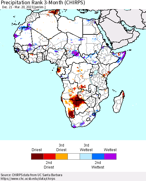 Africa Precipitation Rank 3-Month (CHIRPS) Thematic Map For 12/21/2022 - 3/20/2023