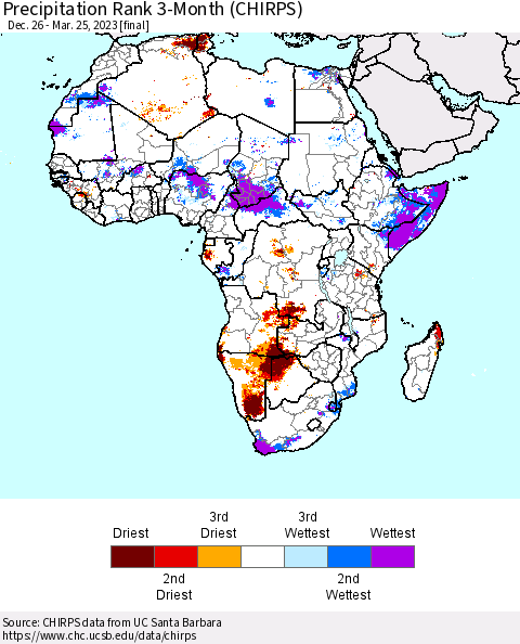 Africa Precipitation Rank since 1981, 3-Month (CHIRPS) Thematic Map For 12/26/2022 - 3/25/2023