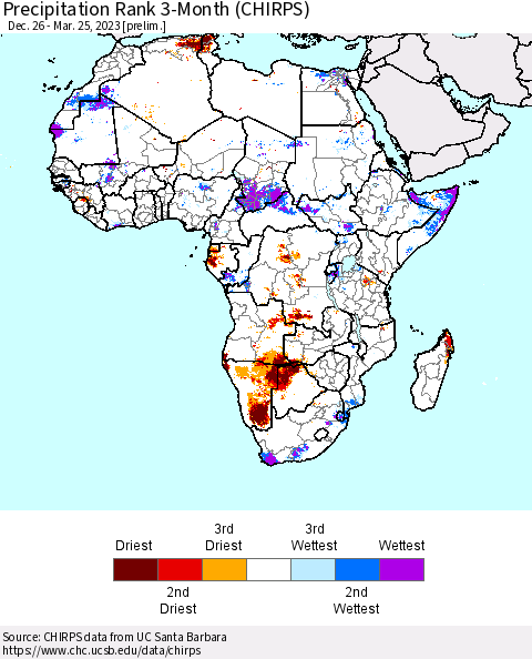 Africa Precipitation Rank 3-Month (CHIRPS) Thematic Map For 12/26/2022 - 3/25/2023