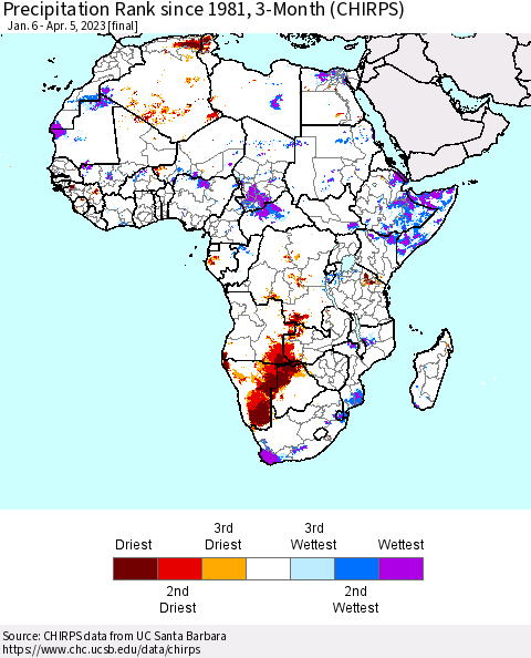 Africa Precipitation Rank since 1981, 3-Month (CHIRPS) Thematic Map For 1/6/2023 - 4/5/2023