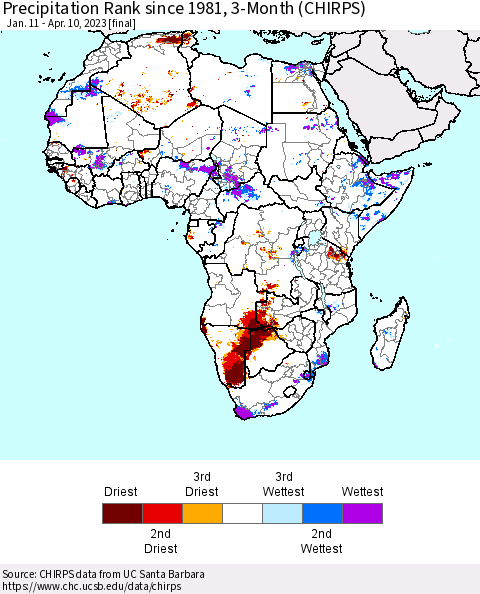 Africa Precipitation Rank since 1981, 3-Month (CHIRPS) Thematic Map For 1/11/2023 - 4/10/2023