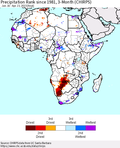 Africa Precipitation Rank since 1981, 3-Month (CHIRPS) Thematic Map For 1/16/2023 - 4/15/2023