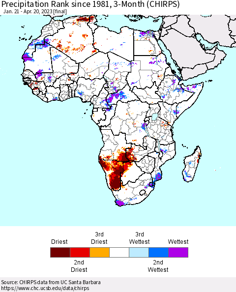 Africa Precipitation Rank since 1981, 3-Month (CHIRPS) Thematic Map For 1/21/2023 - 4/20/2023