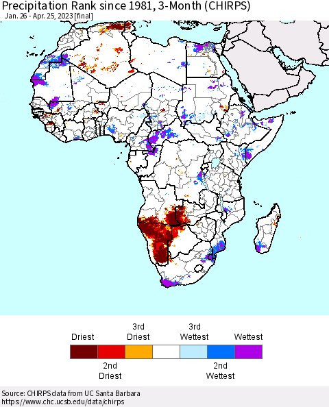 Africa Precipitation Rank since 1981, 3-Month (CHIRPS) Thematic Map For 1/26/2023 - 4/25/2023