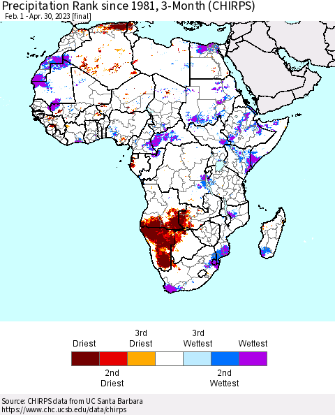 Africa Precipitation Rank since 1981, 3-Month (CHIRPS) Thematic Map For 2/1/2023 - 4/30/2023