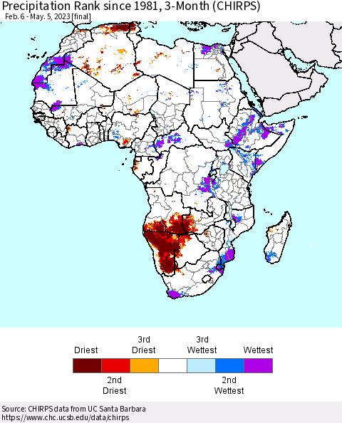 Africa Precipitation Rank since 1981, 3-Month (CHIRPS) Thematic Map For 2/6/2023 - 5/5/2023