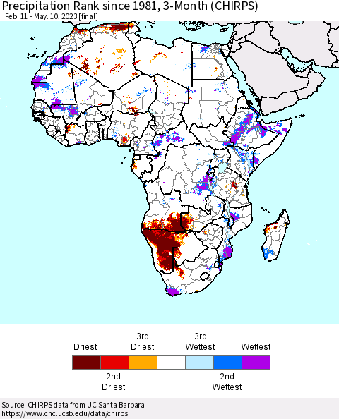 Africa Precipitation Rank since 1981, 3-Month (CHIRPS) Thematic Map For 2/11/2023 - 5/10/2023