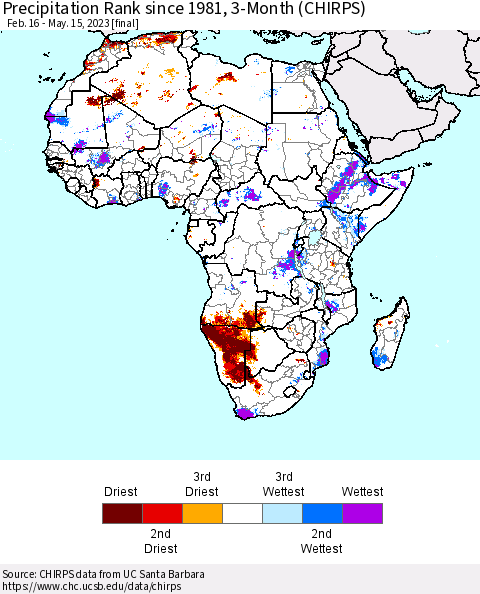 Africa Precipitation Rank since 1981, 3-Month (CHIRPS) Thematic Map For 2/16/2023 - 5/15/2023