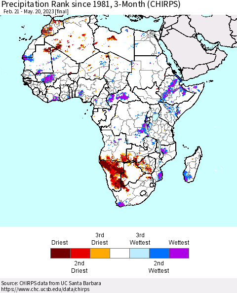 Africa Precipitation Rank since 1981, 3-Month (CHIRPS) Thematic Map For 2/21/2023 - 5/20/2023