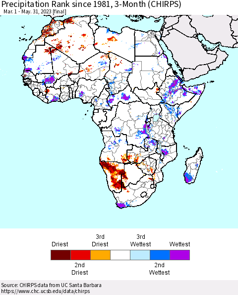 Africa Precipitation Rank since 1981, 3-Month (CHIRPS) Thematic Map For 3/1/2023 - 5/31/2023