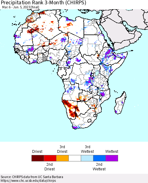 Africa Precipitation Rank since 1981, 3-Month (CHIRPS) Thematic Map For 3/6/2023 - 6/5/2023