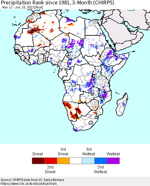Africa Precipitation Rank since 1981, 3-Month (CHIRPS) Thematic Map For 3/11/2023 - 6/10/2023