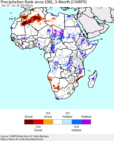 Africa Precipitation Rank since 1981, 3-Month (CHIRPS) Thematic Map For 3/21/2023 - 6/20/2023