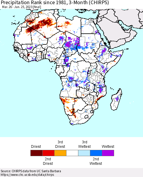Africa Precipitation Rank since 1981, 3-Month (CHIRPS) Thematic Map For 3/26/2023 - 6/25/2023