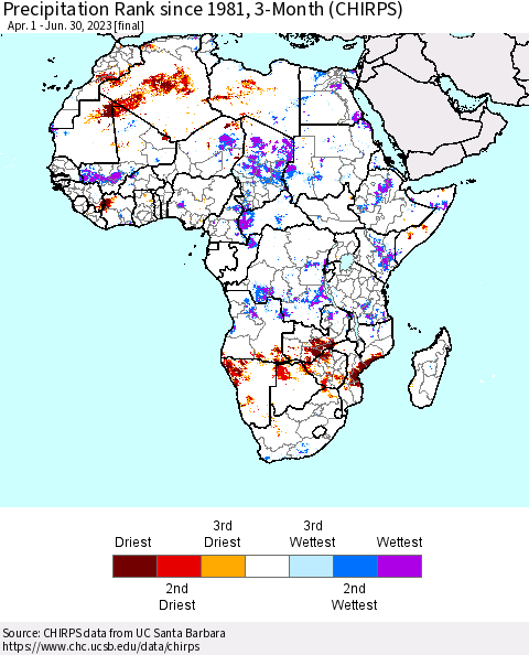 Africa Precipitation Rank since 1981, 3-Month (CHIRPS) Thematic Map For 4/1/2023 - 6/30/2023