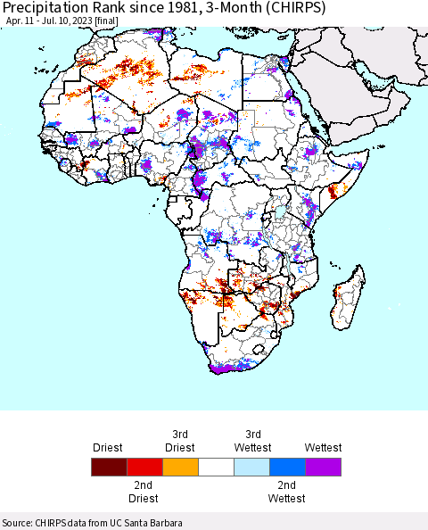 Africa Precipitation Rank since 1981, 3-Month (CHIRPS) Thematic Map For 4/11/2023 - 7/10/2023
