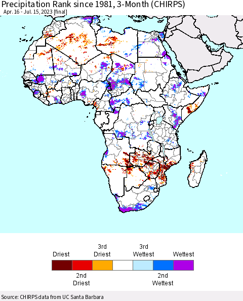 Africa Precipitation Rank since 1981, 3-Month (CHIRPS) Thematic Map For 4/16/2023 - 7/15/2023