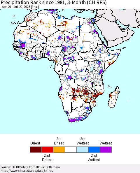 Africa Precipitation Rank since 1981, 3-Month (CHIRPS) Thematic Map For 4/21/2023 - 7/20/2023
