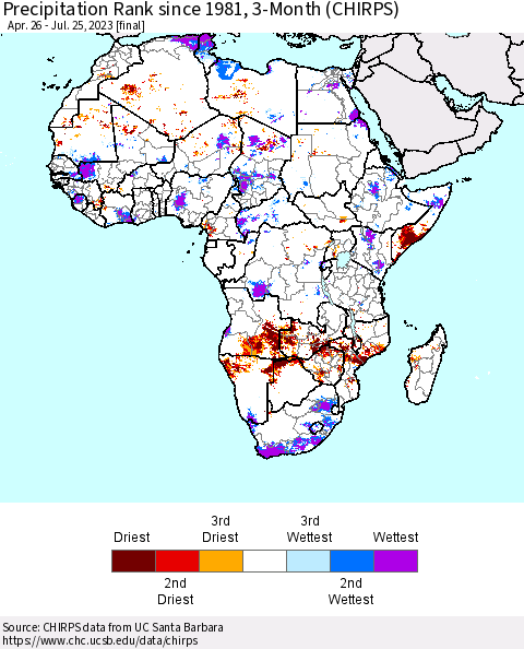 Africa Precipitation Rank since 1981, 3-Month (CHIRPS) Thematic Map For 4/26/2023 - 7/25/2023