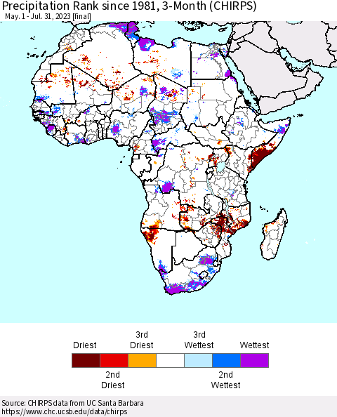 Africa Precipitation Rank since 1981, 3-Month (CHIRPS) Thematic Map For 5/1/2023 - 7/31/2023