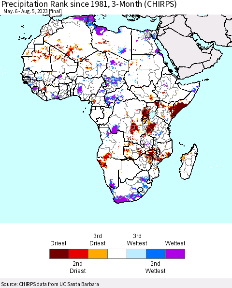 Africa Precipitation Rank since 1981, 3-Month (CHIRPS) Thematic Map For 5/6/2023 - 8/5/2023