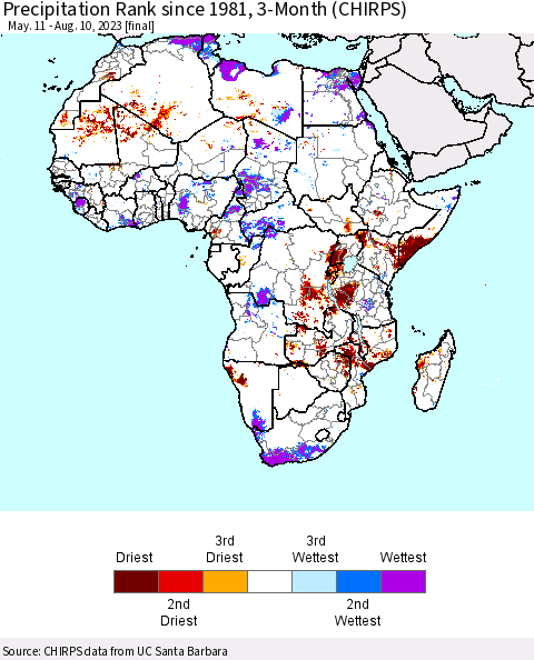 Africa Precipitation Rank since 1981, 3-Month (CHIRPS) Thematic Map For 5/11/2023 - 8/10/2023