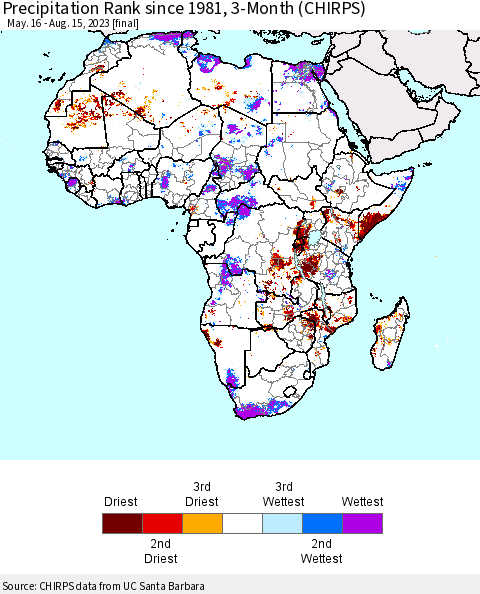 Africa Precipitation Rank since 1981, 3-Month (CHIRPS) Thematic Map For 5/16/2023 - 8/15/2023