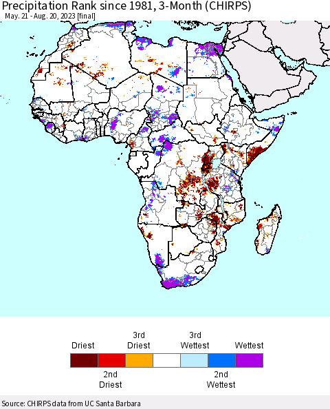 Africa Precipitation Rank since 1981, 3-Month (CHIRPS) Thematic Map For 5/21/2023 - 8/20/2023
