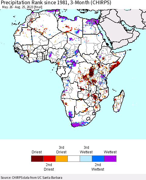 Africa Precipitation Rank since 1981, 3-Month (CHIRPS) Thematic Map For 5/26/2023 - 8/25/2023