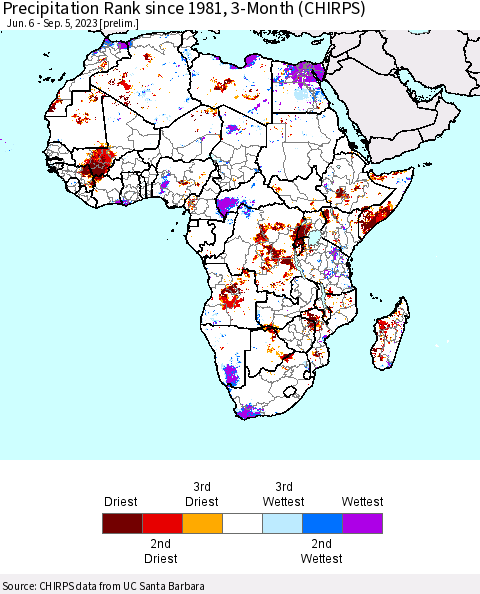 Africa Precipitation Rank since 1981, 3-Month (CHIRPS) Thematic Map For 6/6/2023 - 9/5/2023