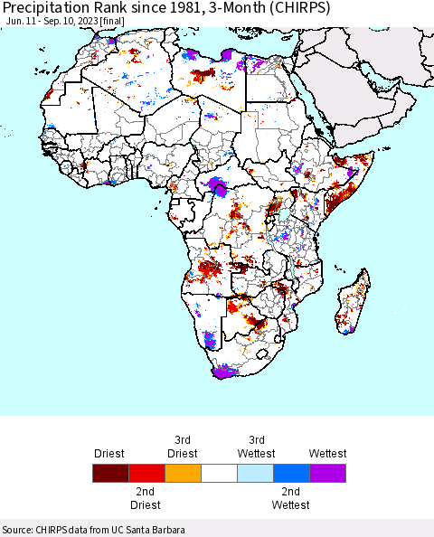 Africa Precipitation Rank since 1981, 3-Month (CHIRPS) Thematic Map For 6/11/2023 - 9/10/2023